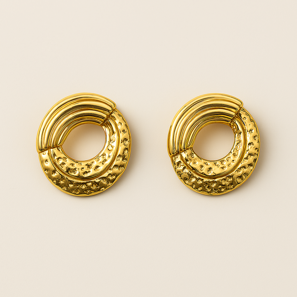 Abstract Textured Round Gold Earrings