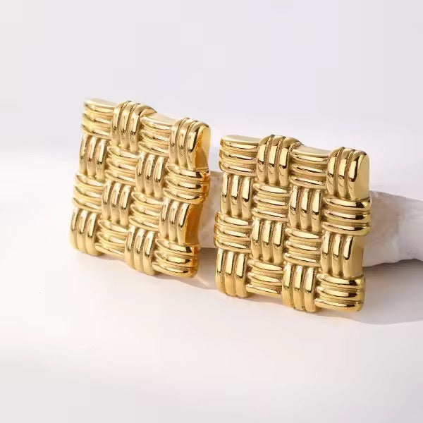 Woven-Textured Chunky Square Gold Earrings