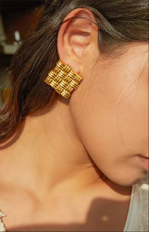 Woven-Textured Chunky Square Gold Earrings