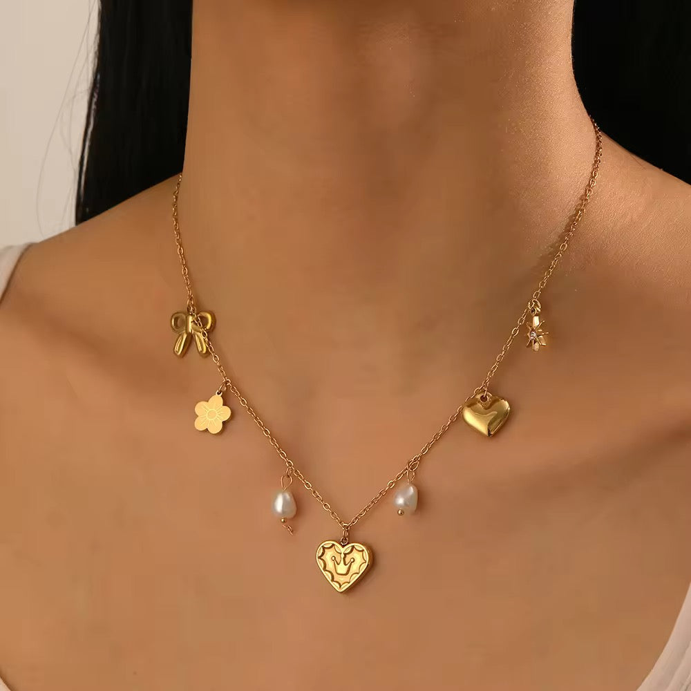 Cute Bow and Heart Charm Necklace