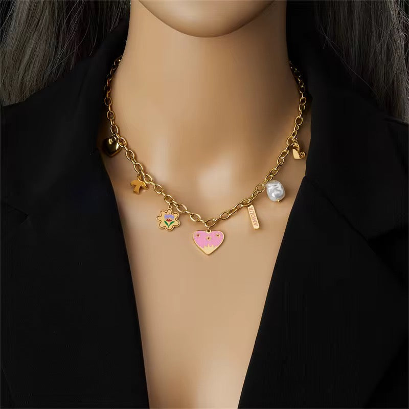 Amour Pink & Gold Charm Necklace