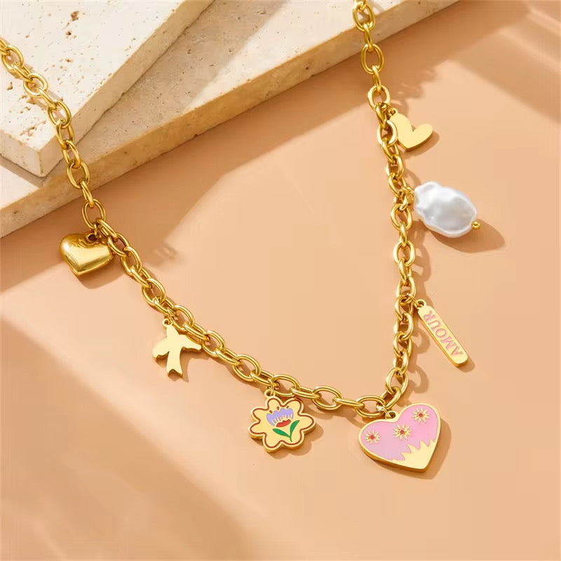 Amour Pink & Gold Charm Necklace