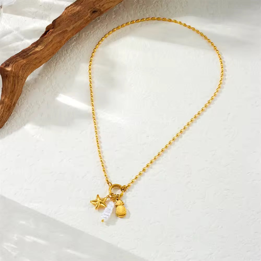 Pineapple and Pearl Charm Pendant Necklace