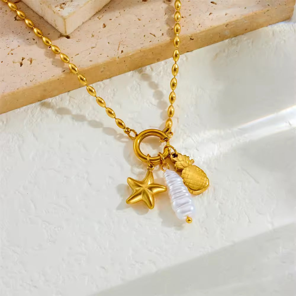 Pineapple and Pearl Charm Pendant Necklace