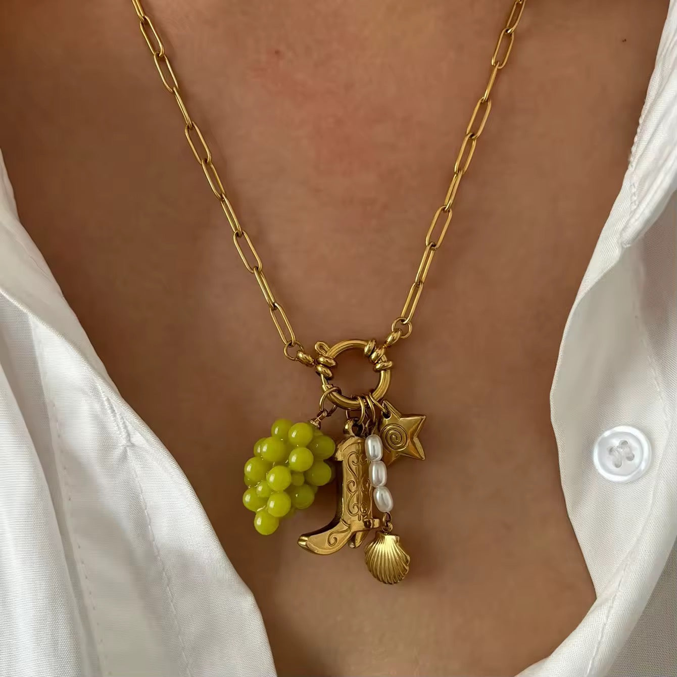 Grape & Boot Charm Pendant Necklace