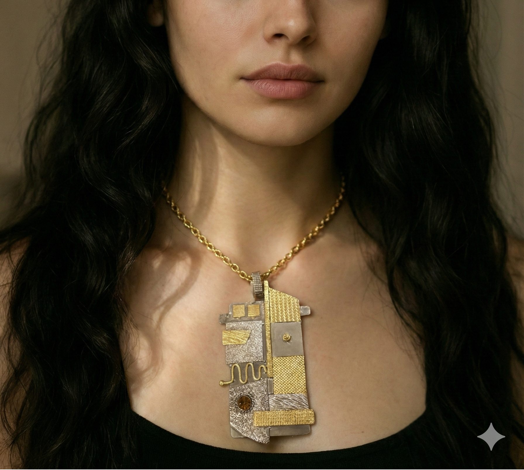 Woman wearing a gold necklace with a large pendant against a neutral background