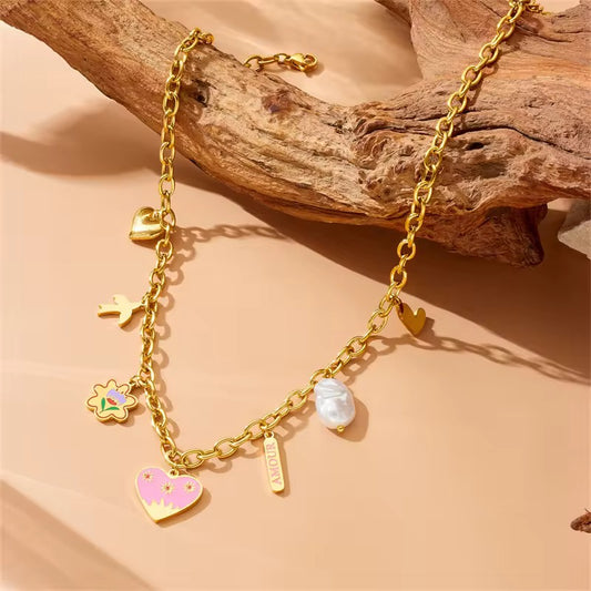 Amour Pink & Gold Charm Necklace