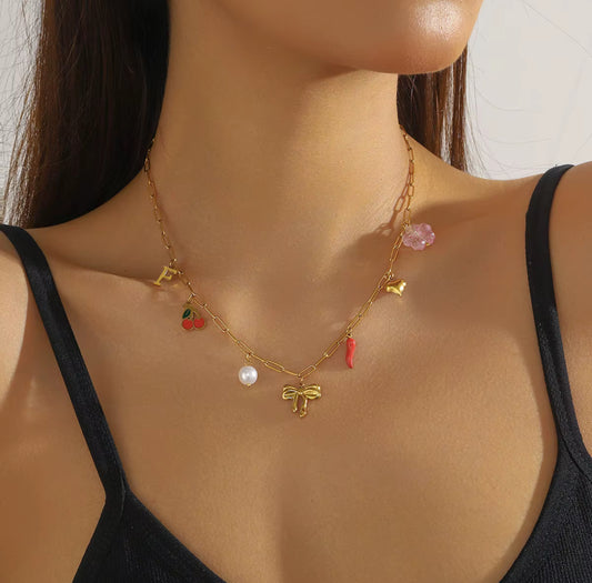 Small Bow with Chilli & Cherry Charm Necklace