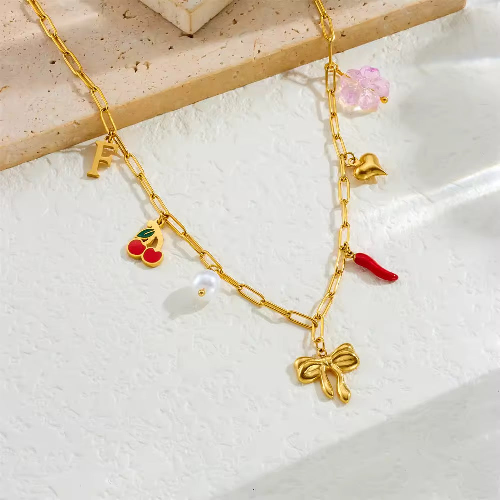 Small Bow with Chilli & Cherry Charm Necklace