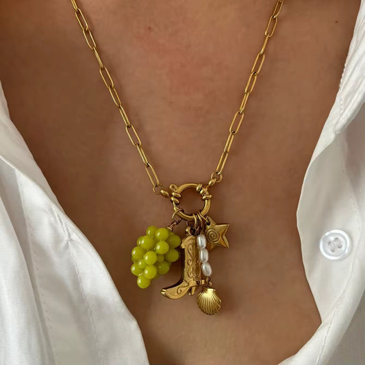 Grape & Boot Charm Pendant Necklace