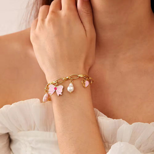 Oh So pretty Pink Bow Charm Bracelet